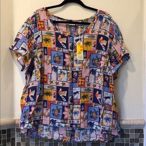 C & C California 100% Linen Women's Colorful Tropical Print Blouse